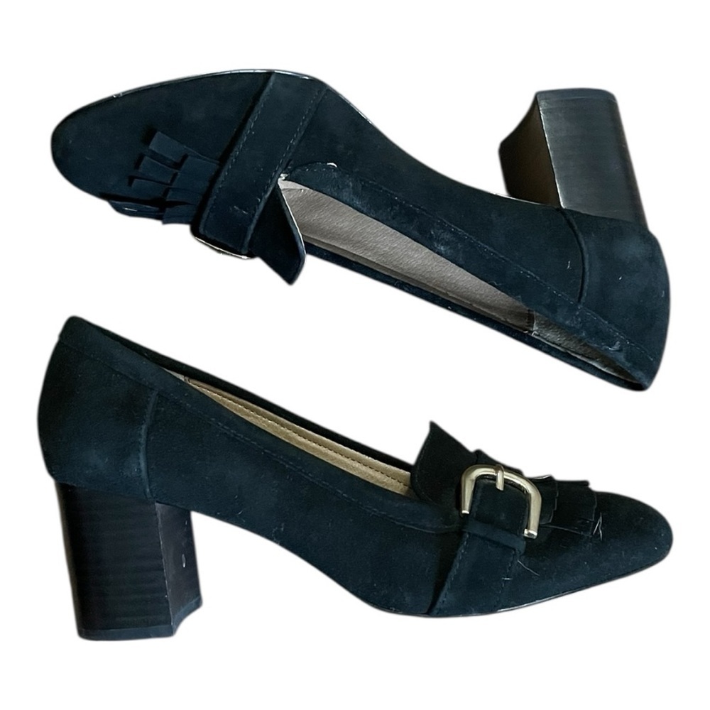 Adrienne Vittadini Ginti Womens 8.5 Buckle Fringe penny keeper pumps black suede